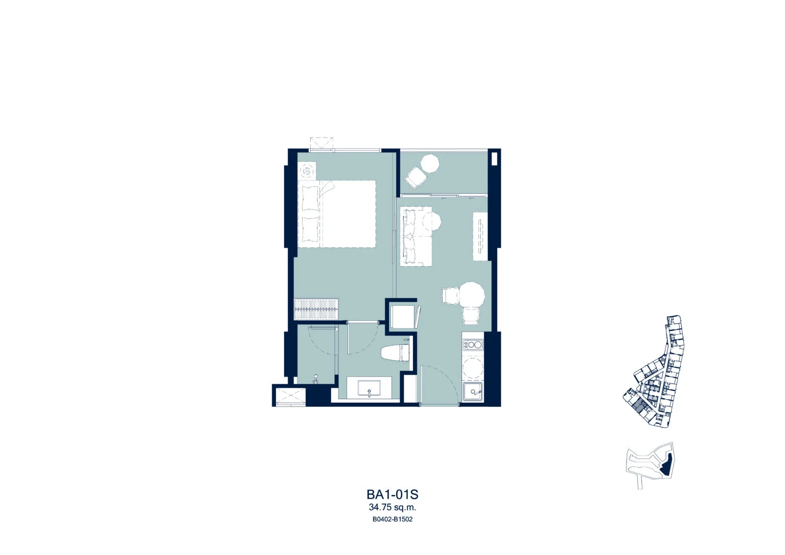 Aquarous Jomtien Pattaya, планировка квартиры с одной спальней 34,75 м²