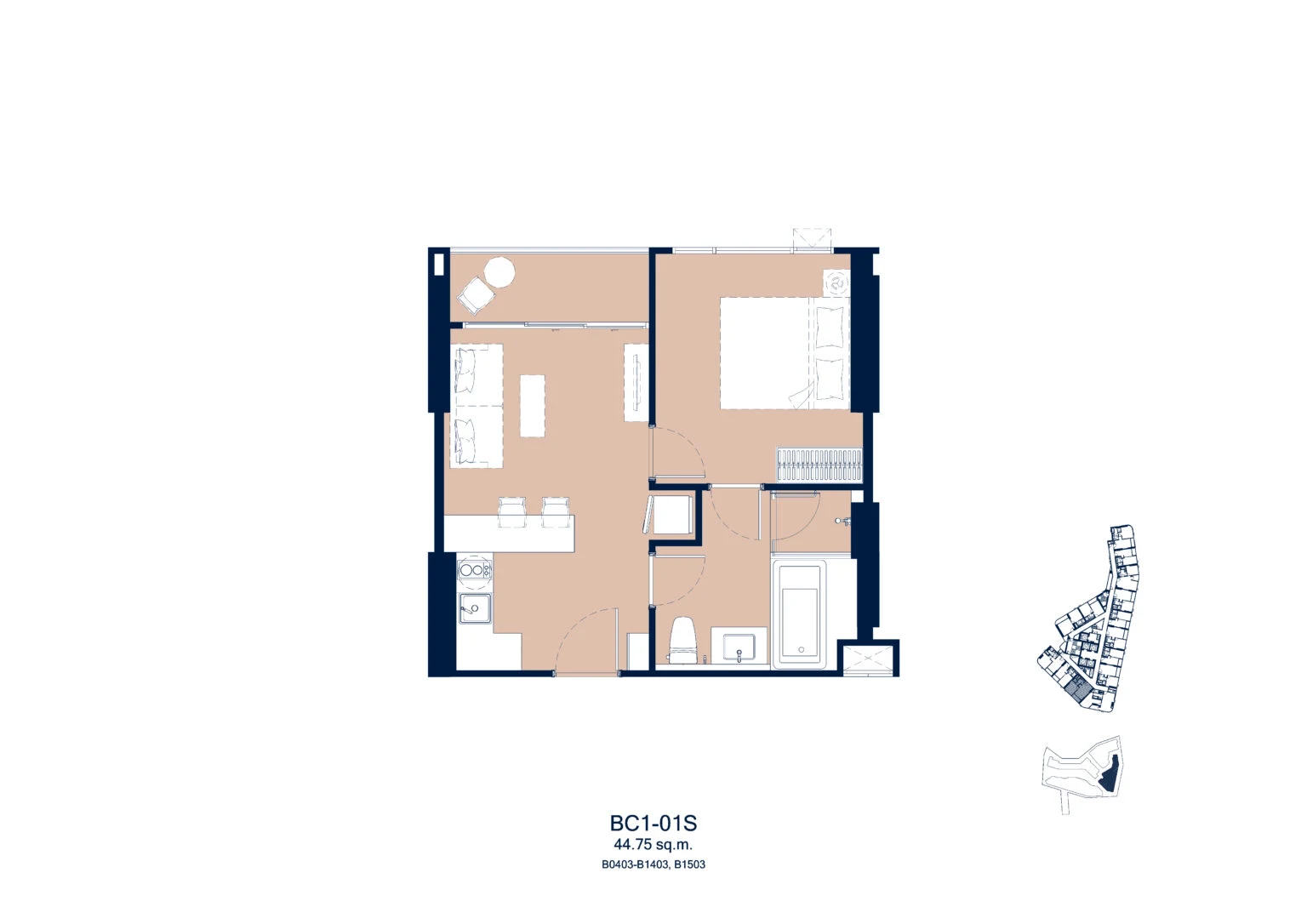 Aquarous Jomtien Pattaya, планировка квартиры с одной спальней 44,75 м²