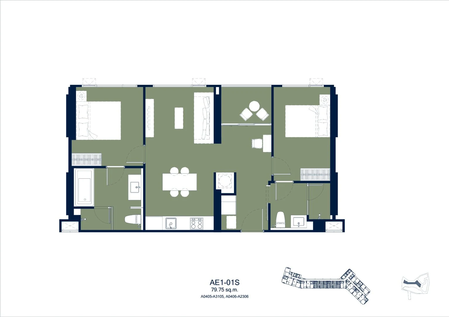 Aquarous Jomtien Pattaya, планировка квартиры с двумя спальнями 79,75 м²