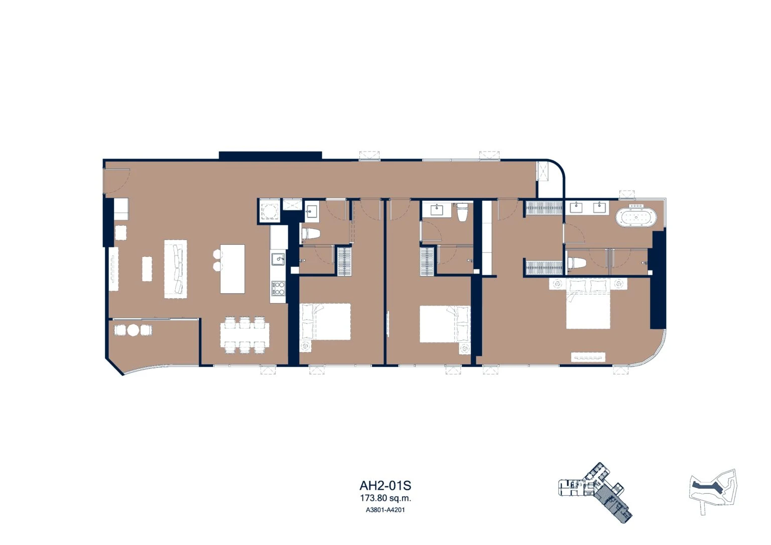 Aquarous Jomtien Pattaya, планировка квартиры с тремя спальнями 173,8 м²