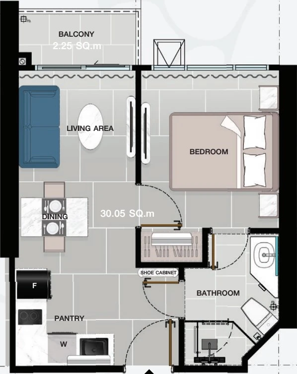 Copacabana Coral Reef, планировка квартиры с одной спальней 32 м²