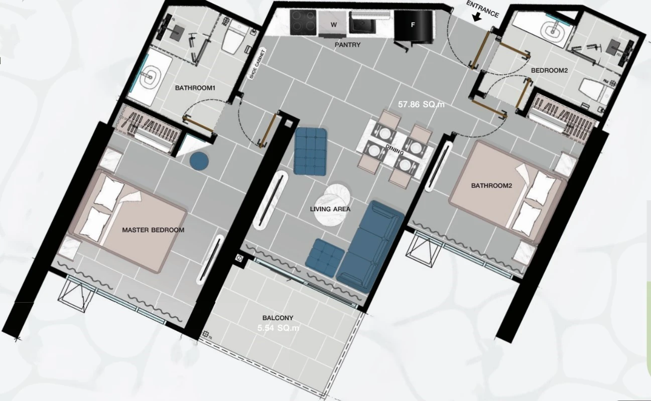 Copacabana Coral Reef, планировка квартиры с двумя спальнями 63 м²