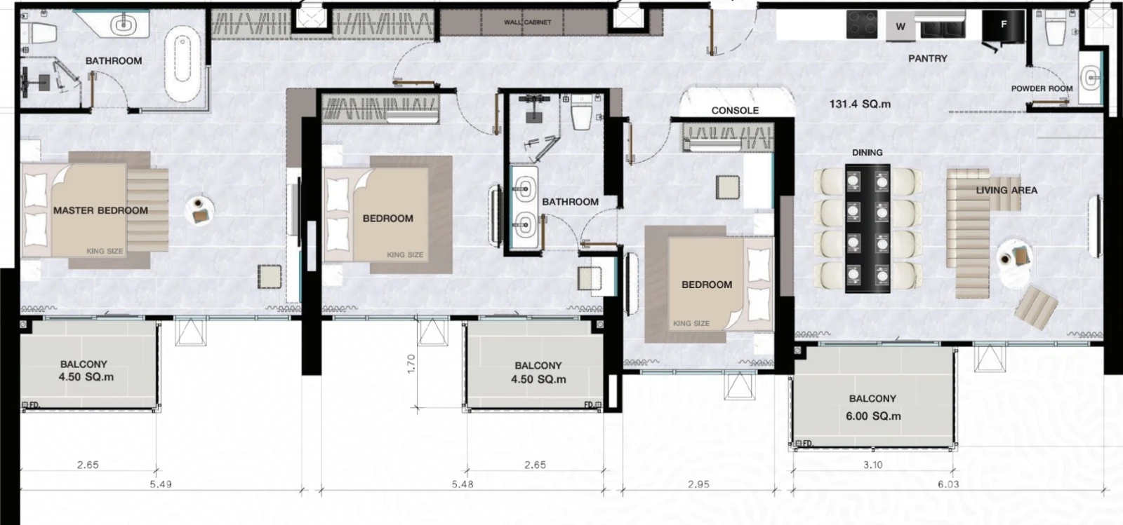 Copacabana Coral Reef, планировка квартиры с тремя спальнями 146 м²
