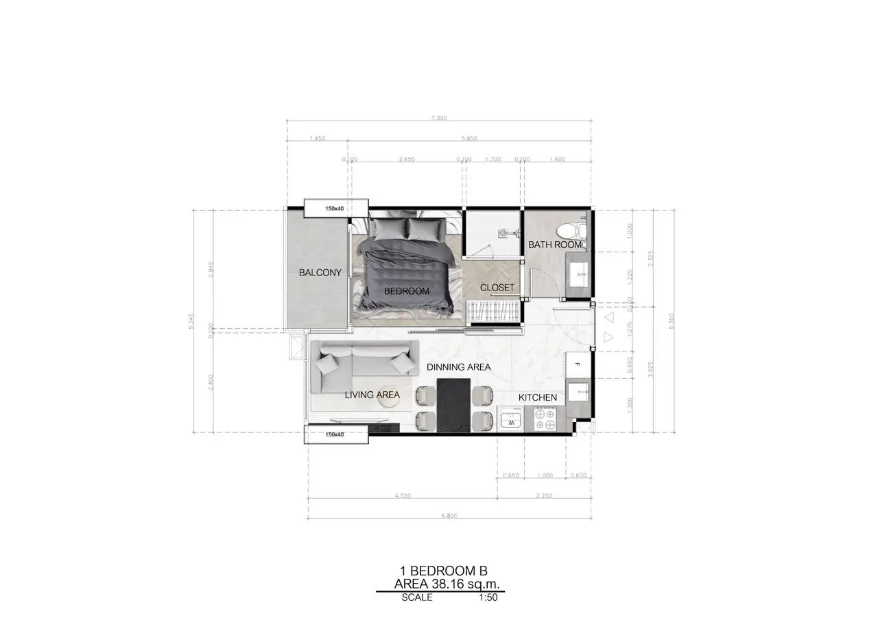 Dusit Sea Spire, планировка квартиры с двумя спальнями