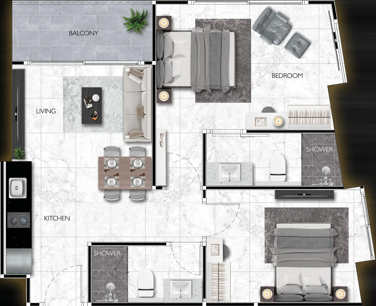 Grand Solaire Noble, планировка квартиры с двумя спальнями