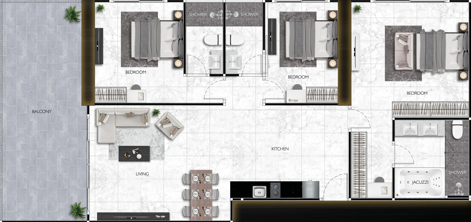 Grand Solaire Noble, планировка квартиры с тремя спальнями