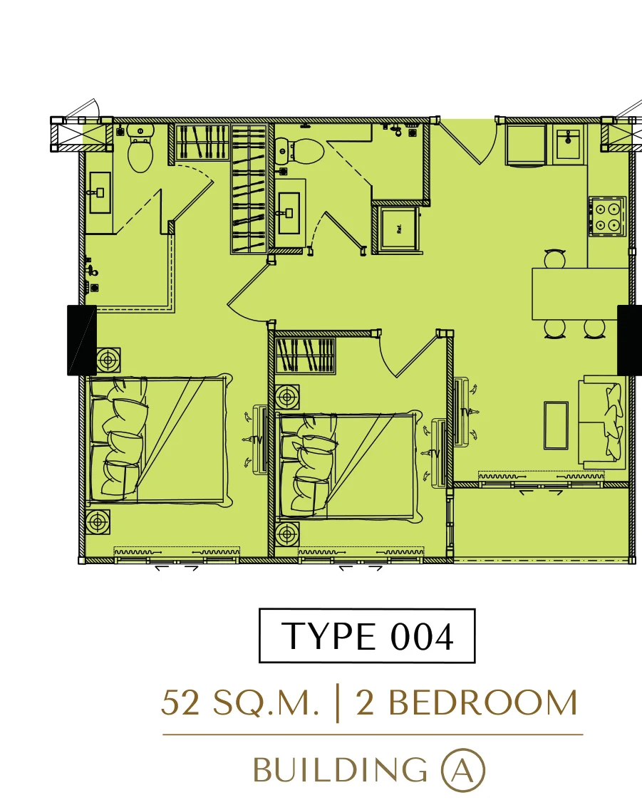Love It Wongamat Beach, планировка квартиры с 2 спальнями 52 м²
