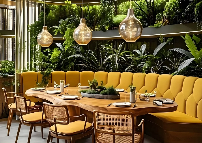 The Riviera Palm Beach, зона ресторана и зелёный интерьер