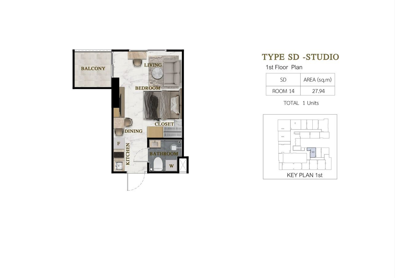 Siam Oriental Beach, планировка студии 28 м²