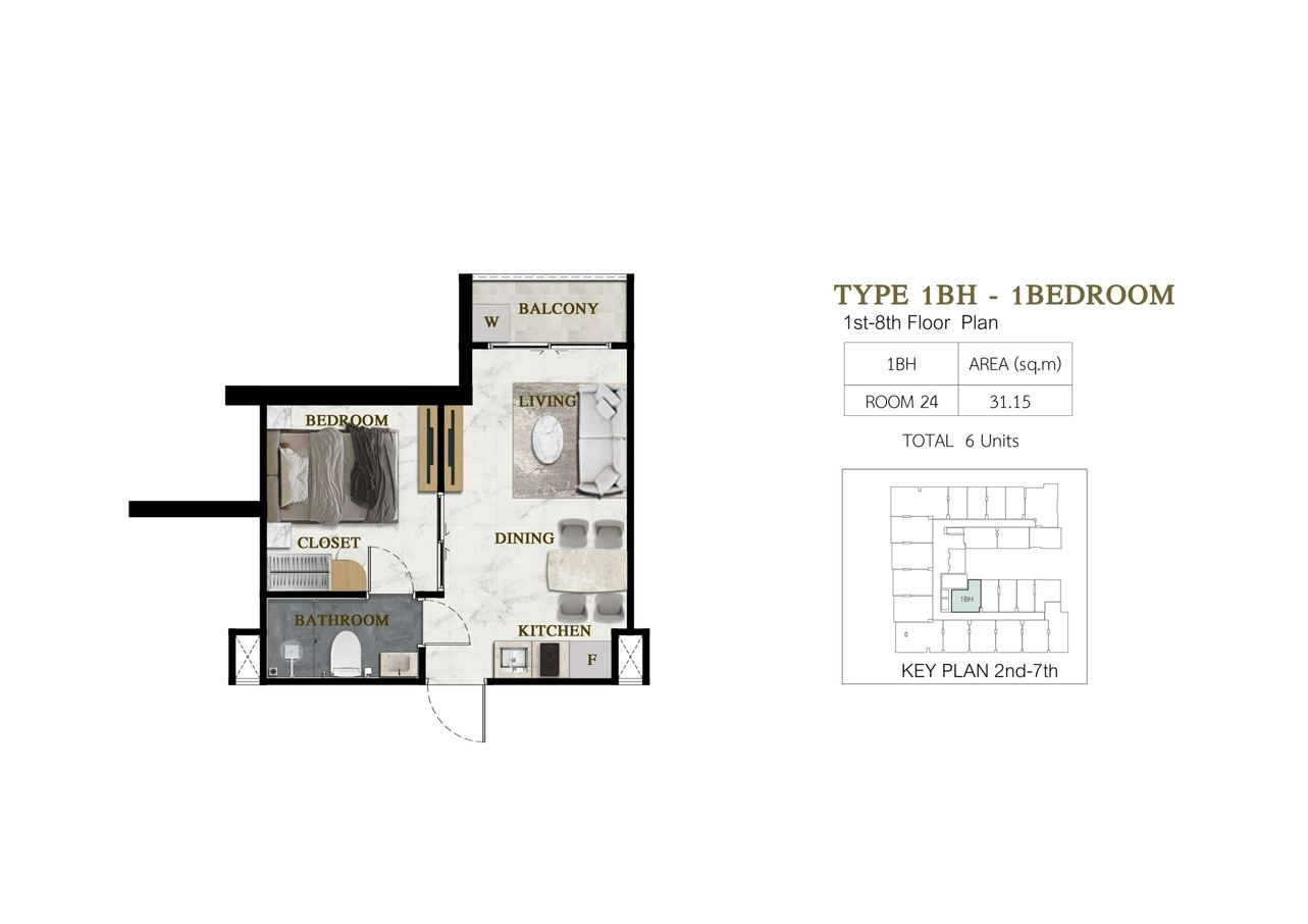 Siam Oriental Beach, планировка квартиры с одной спальней 31 м²