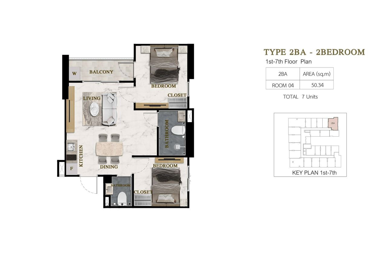 Siam Oriental Beach, планировка квартиры с двумя спальнями 50 м²