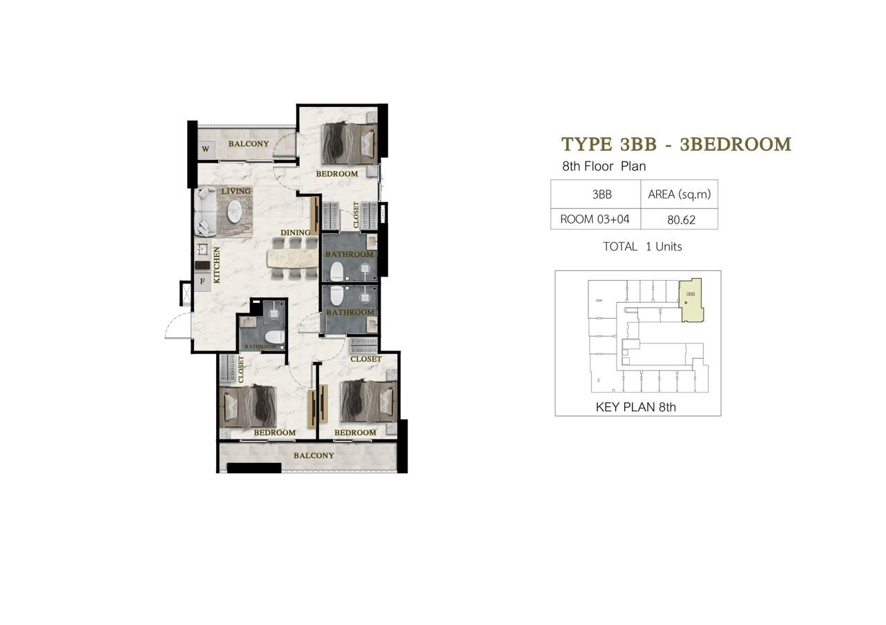 Siam Oriental Beach, планировка квартиры с тремя спальнями 80 м²