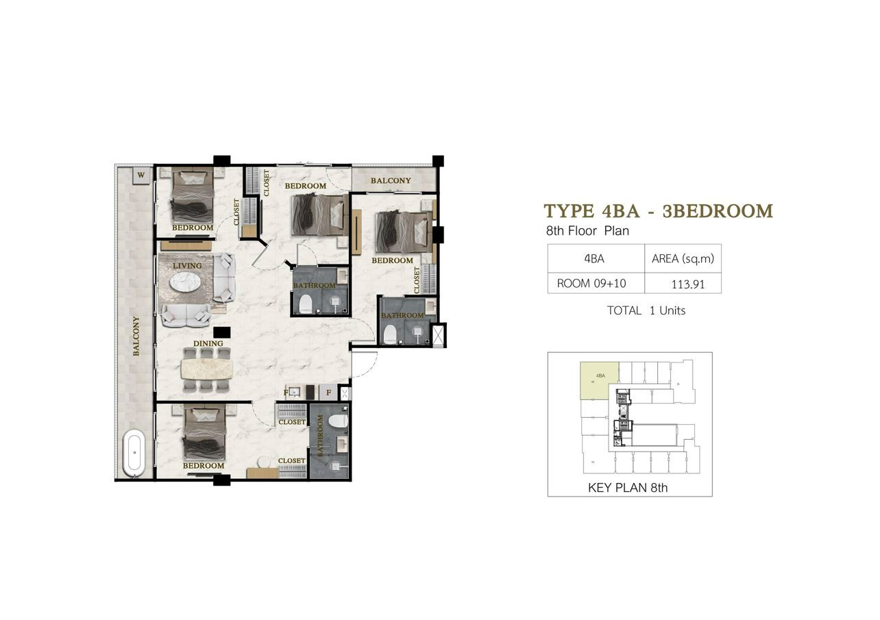Siam Oriental Beach, планировка квартиры с четырьмя спальнями 114 м²
