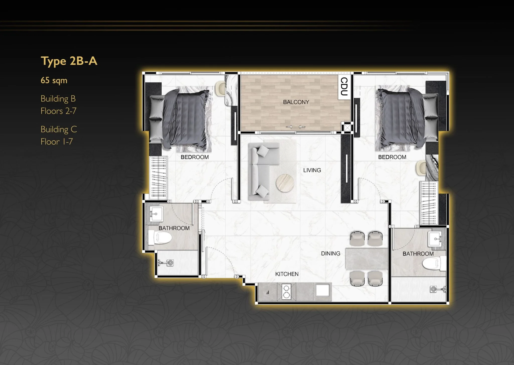 Zenith Pattaya, планировка квартиры с двумя спальнями, тип A