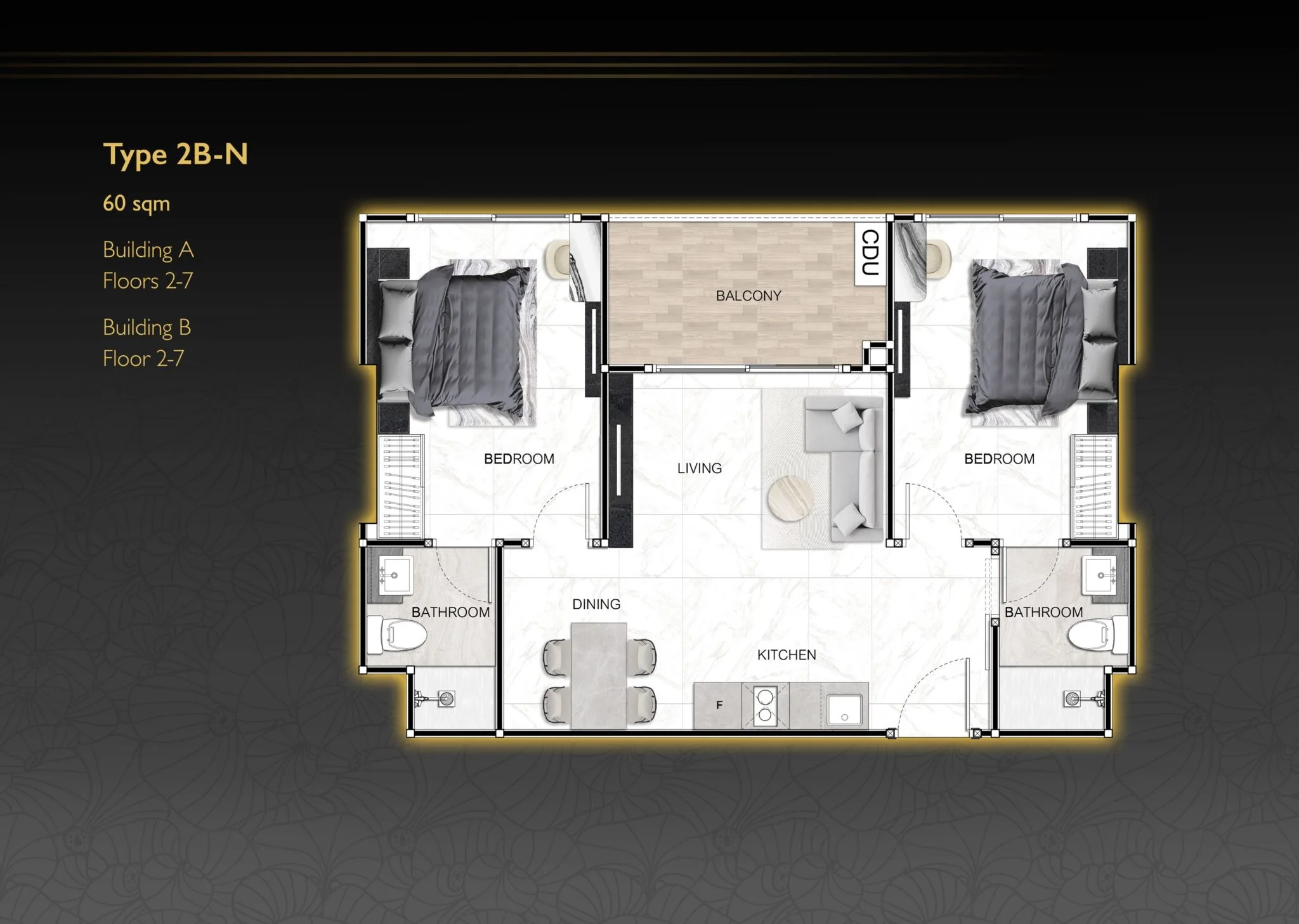 Zenith Pattaya, планировка квартиры с двумя спальнями, тип N